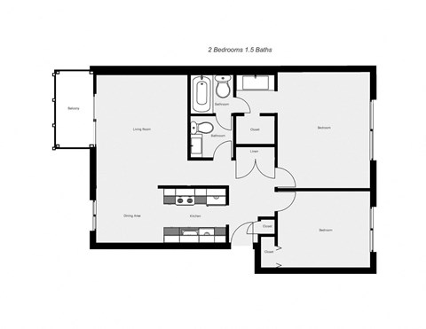 Floor plan for 2 beds, 1.5 baths, 915 sqft